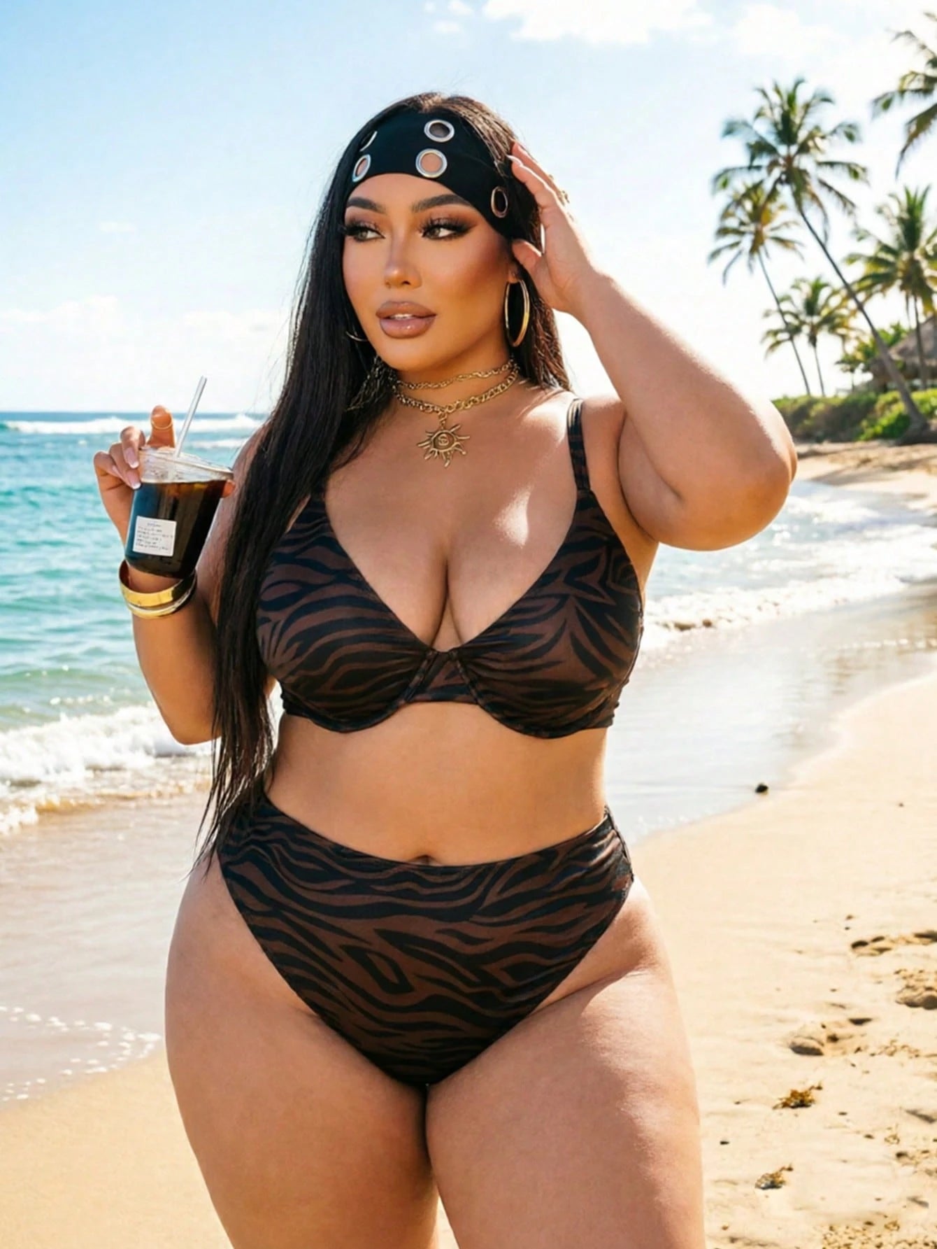 Swim Curve Plus Size Women's Sexy Zebra Print Bikini Swimwear Set, Summer Beach Vacation Brown