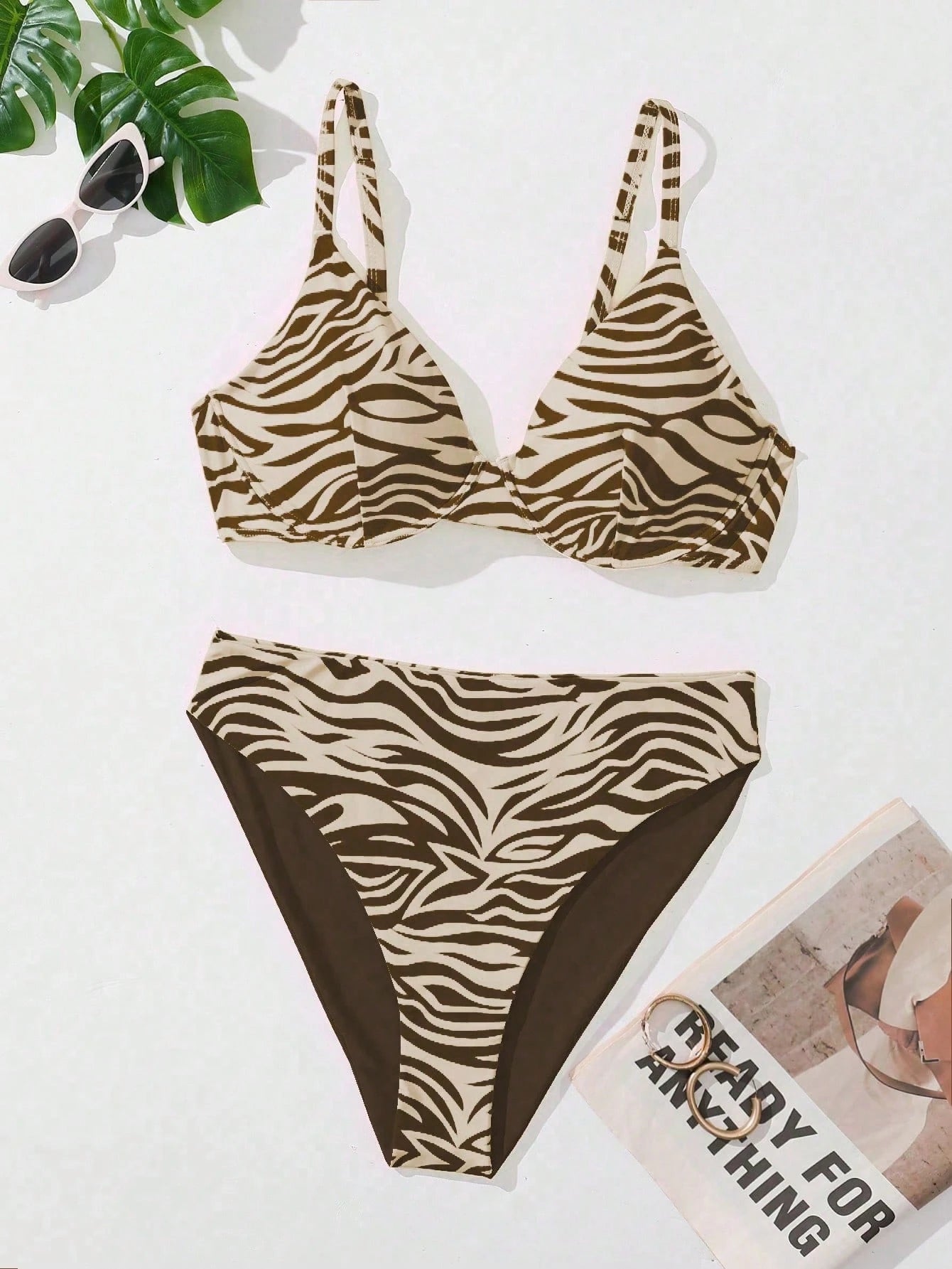 Swim Curve Plus Size Women's Sexy Zebra Print Bikini Swimwear Set, Summer Beach Vacation Brown