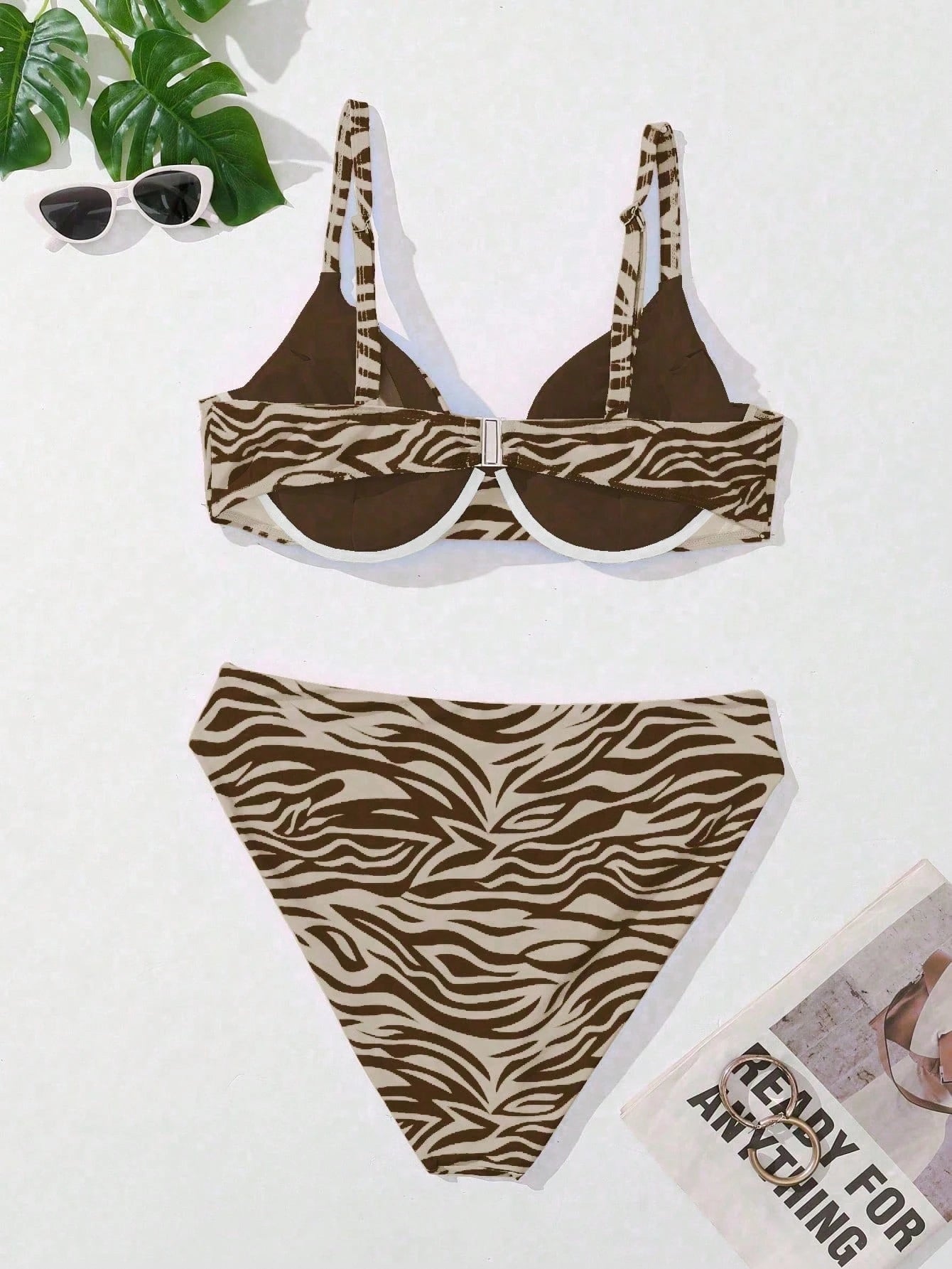 Swim Curve Plus Size Women's Sexy Zebra Print Bikini Swimwear Set, Summer Beach Vacation Brown