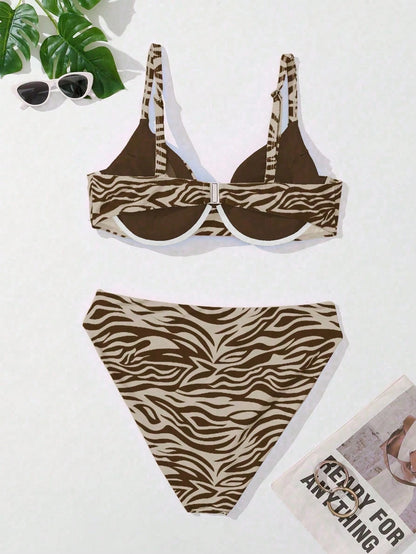 Swim Curve Plus Size Women's Sexy Zebra Print Bikini Swimwear Set, Summer Beach Vacation Brown