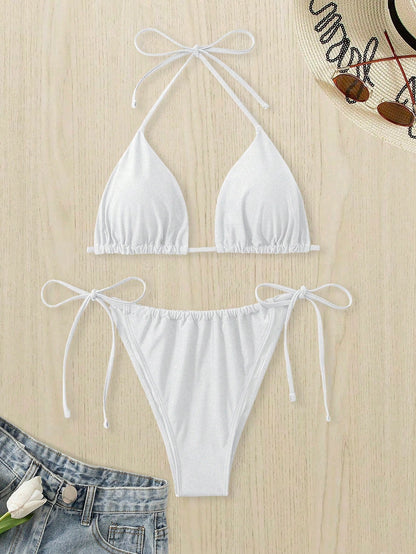 Swim Curve Summer 2pcs/Set Plus Size Women's White Lace-Up Sexy Halter Crop Top & Bottom Casual Swimwear Set
