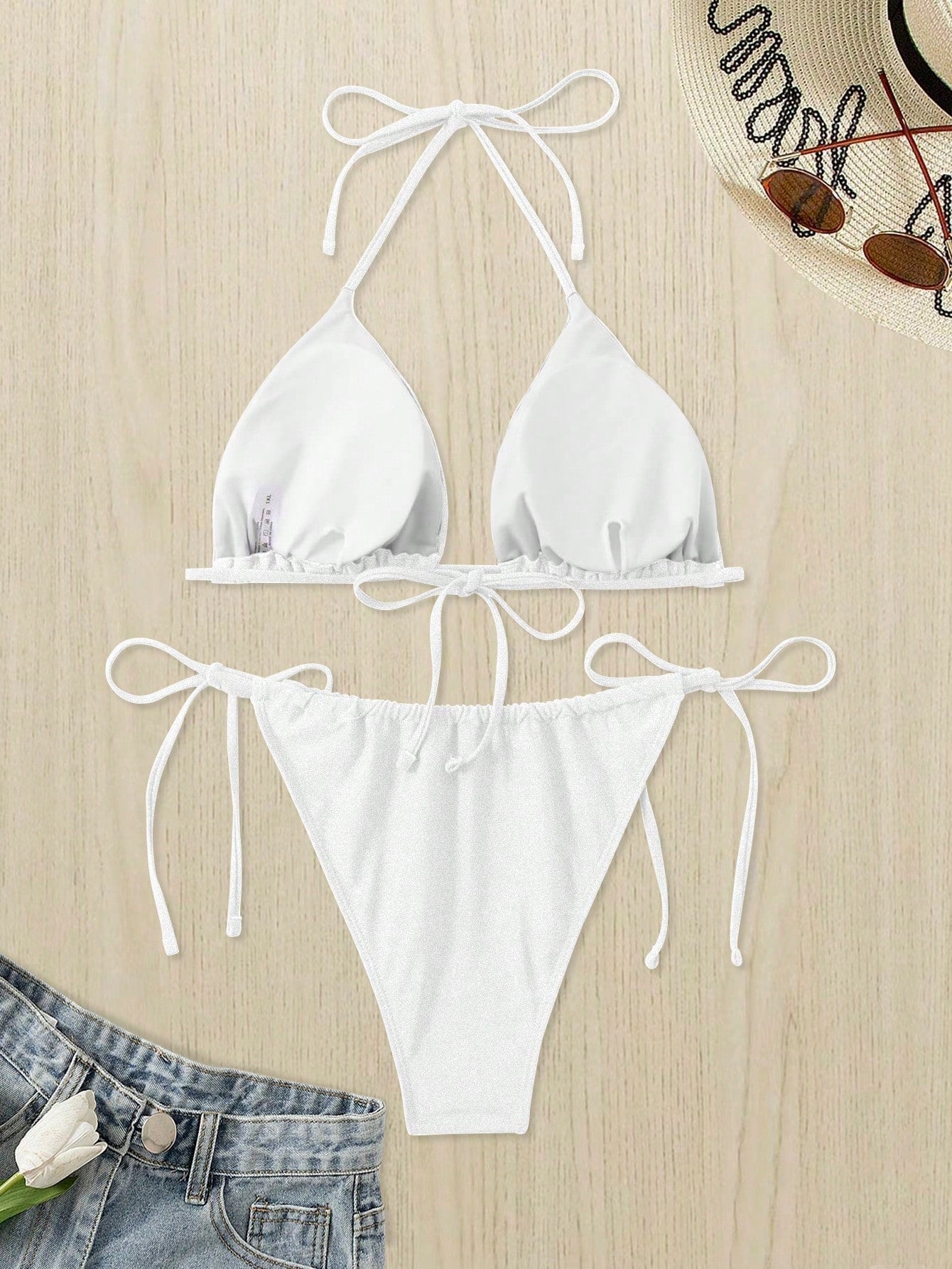 Swim Curve Summer 2pcs/Set Plus Size Women's White Lace-Up Sexy Halter Crop Top & Bottom Casual Swimwear Set