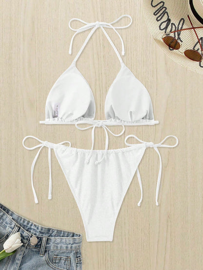 Swim Curve Summer 2pcs/Set Plus Size Women's White Lace-Up Sexy Halter Crop Top & Bottom Casual Swimwear Set