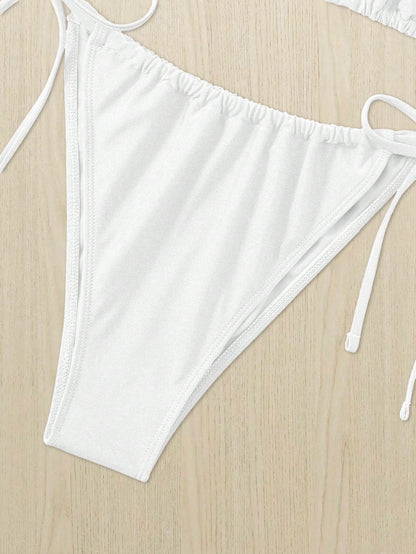 Swim Curve Summer 2pcs/Set Plus Size Women's White Lace-Up Sexy Halter Crop Top & Bottom Casual Swimwear Set