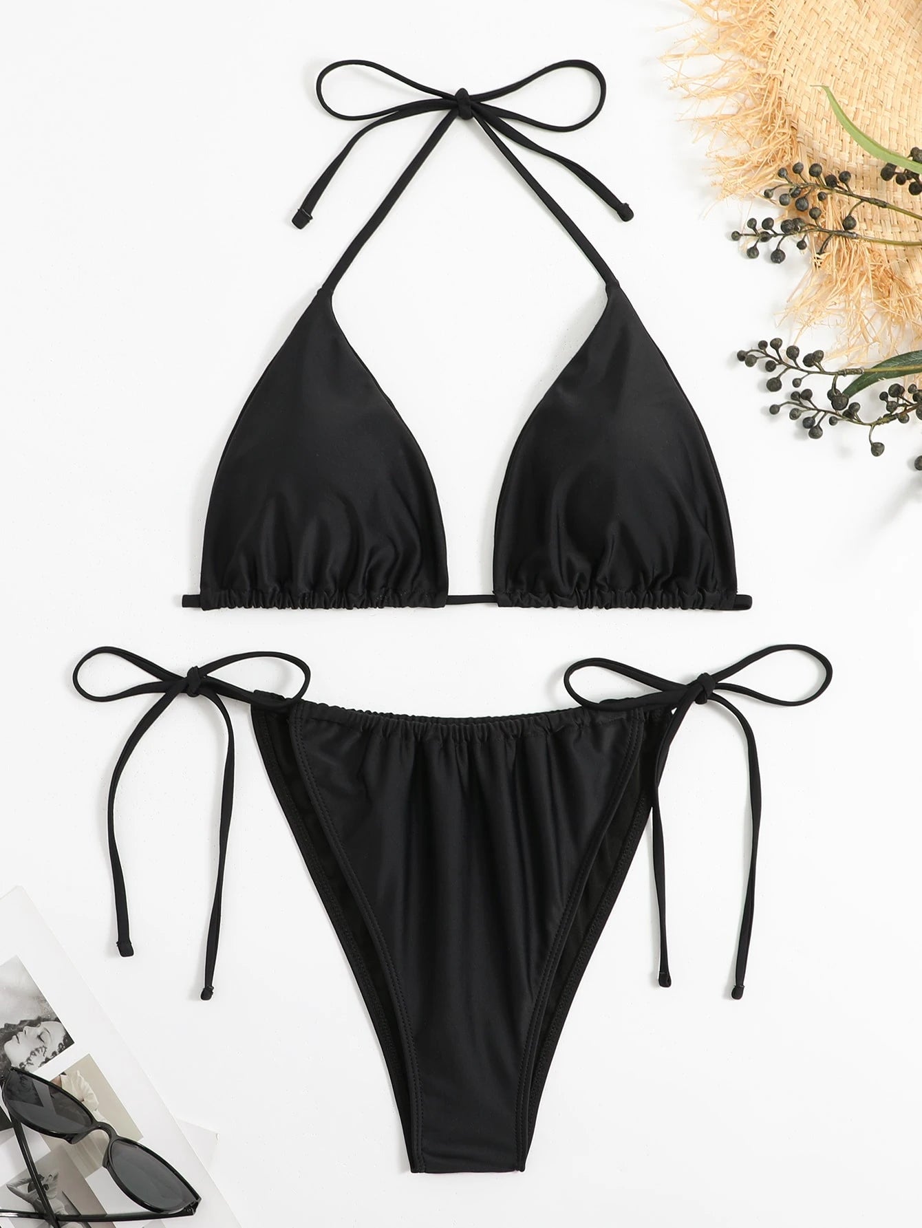 Swim Curve Summer 2pcs/Set Plus Size Women's White Lace-Up Sexy Halter Crop Top & Bottom Casual Swimwear Set