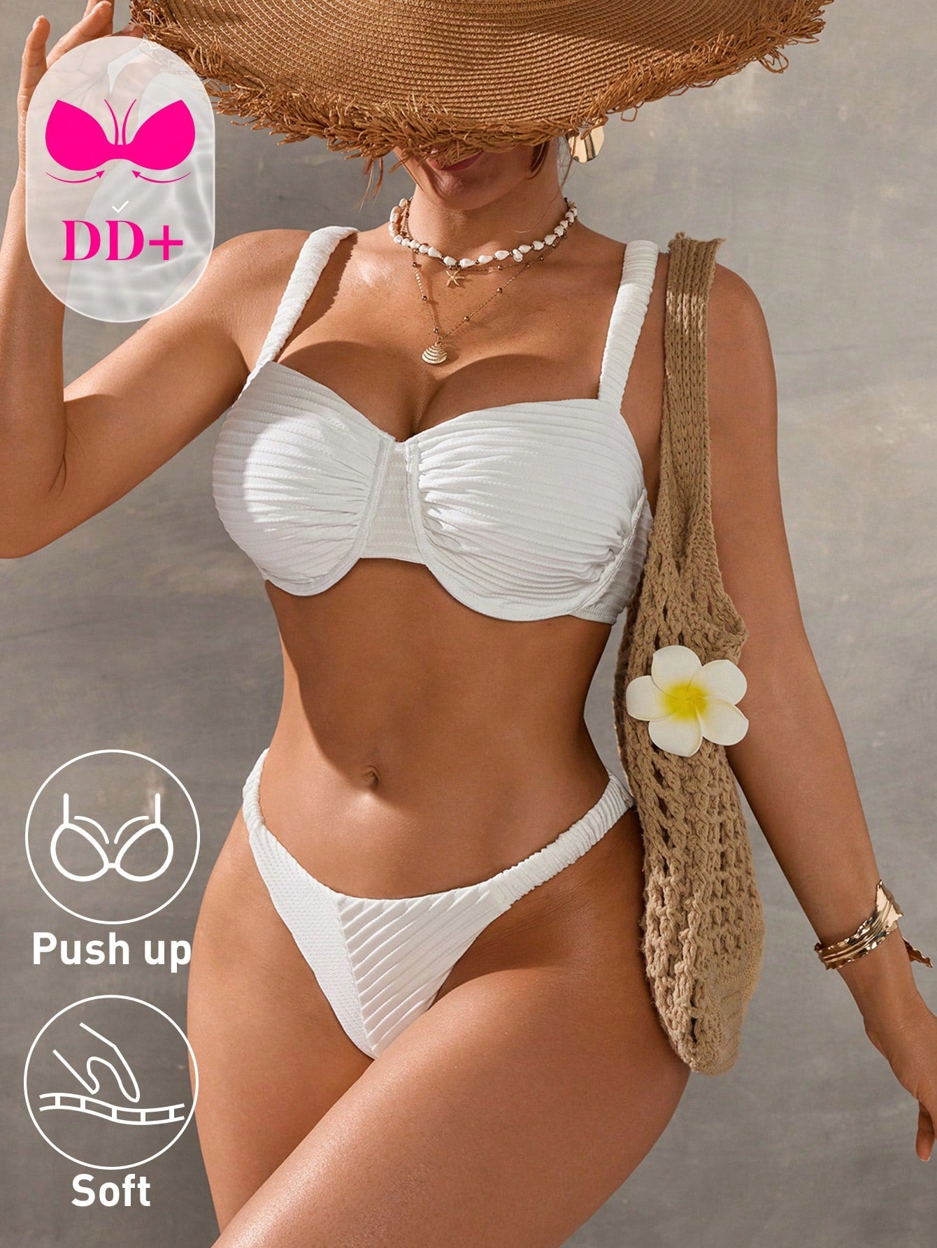 Swim DD+ Women's All White Cute Summer Bikini Set,Push Up Bathing Suit For Large Busts,Holiday Party Swimwear With Wide Straps & Removable Pads,Holiday