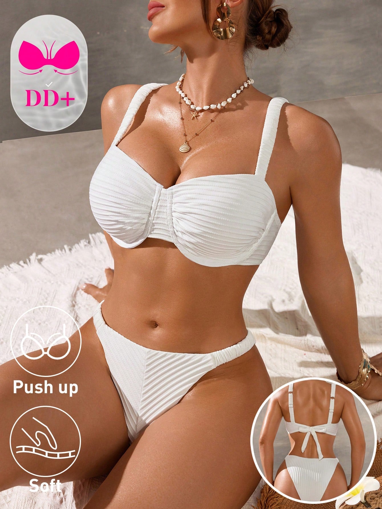 Swim DD+ Women's All White Cute Summer Bikini Set,Push Up Bathing Suit For Large Busts,Holiday Party Swimwear With Wide Straps & Removable Pads,Holiday