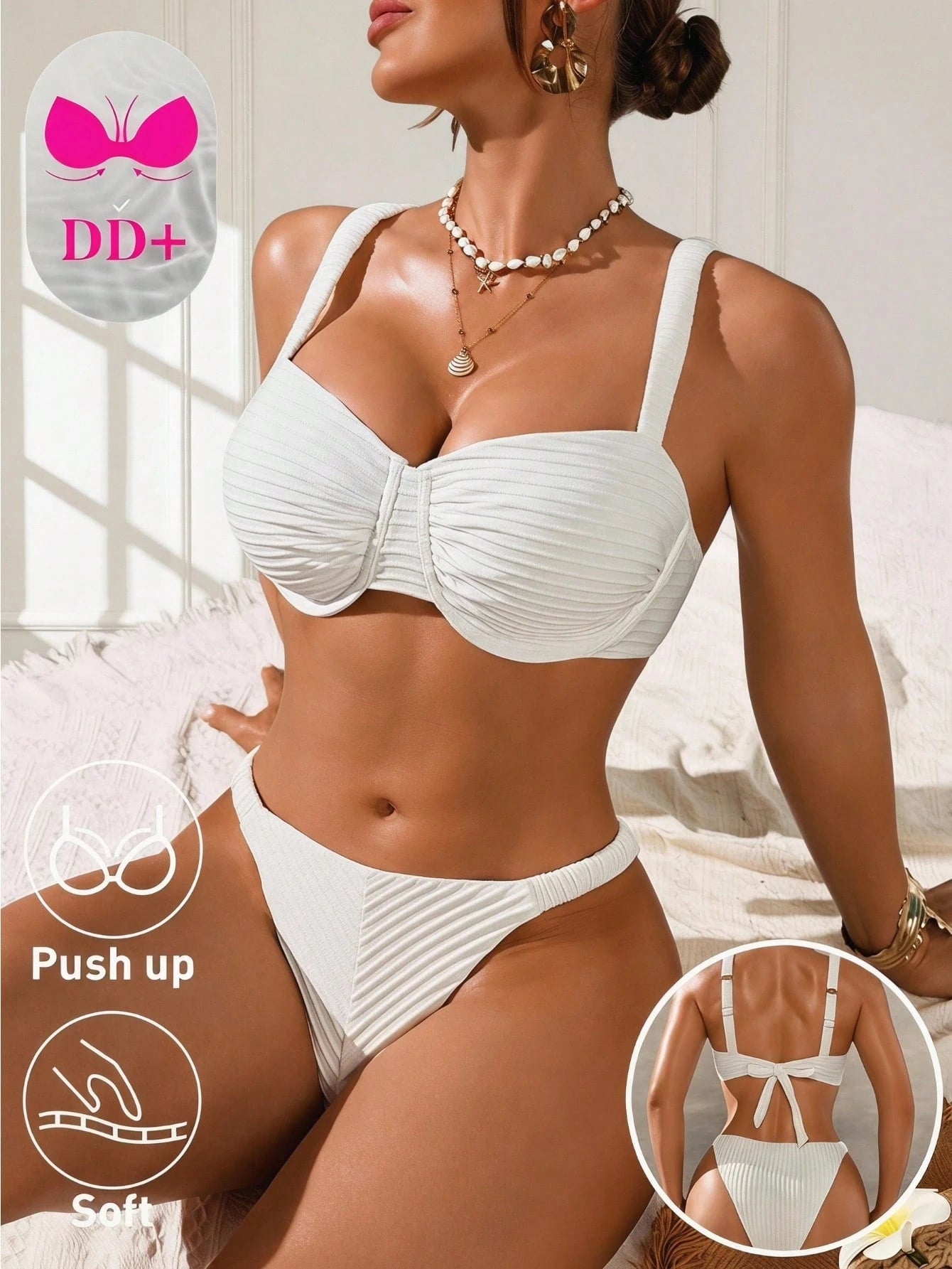 Swim DD+ Women's All White Cute Summer Bikini Set,Push Up Bathing Suit For Large Busts,Holiday Party Swimwear With Wide Straps & Removable Pads,Holiday