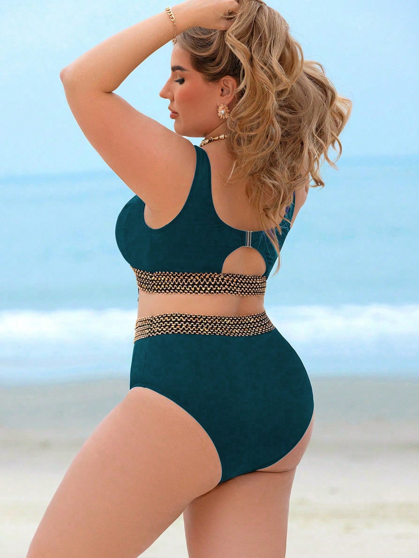 Swim Lushoire 1 Set Plus Size Women Strappy Top & High-Waisted Shorts Swimsuit, Ribbed Fabric, Navel Tie, Elegant Beach Resort Outfit For Summer Beach Vacation