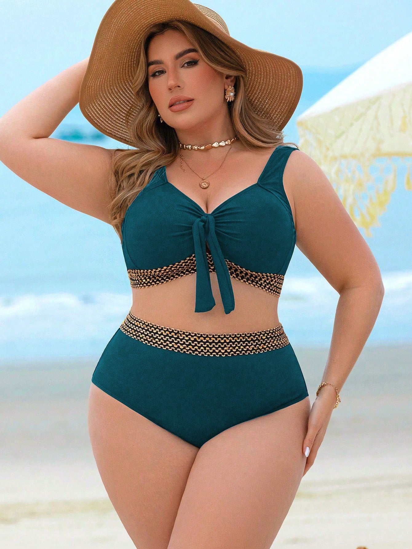 Swim Lushoire 1 Set Plus Size Women Strappy Top & High-Waisted Shorts Swimsuit, Ribbed Fabric, Navel Tie, Elegant Beach Resort Outfit For Summer Beach Vacation