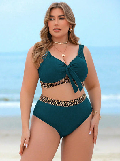 Swim Lushoire 1 Set Plus Size Women Strappy Top & High-Waisted Shorts Swimsuit, Ribbed Fabric, Navel Tie, Elegant Beach Resort Outfit For Summer Beach Vacation