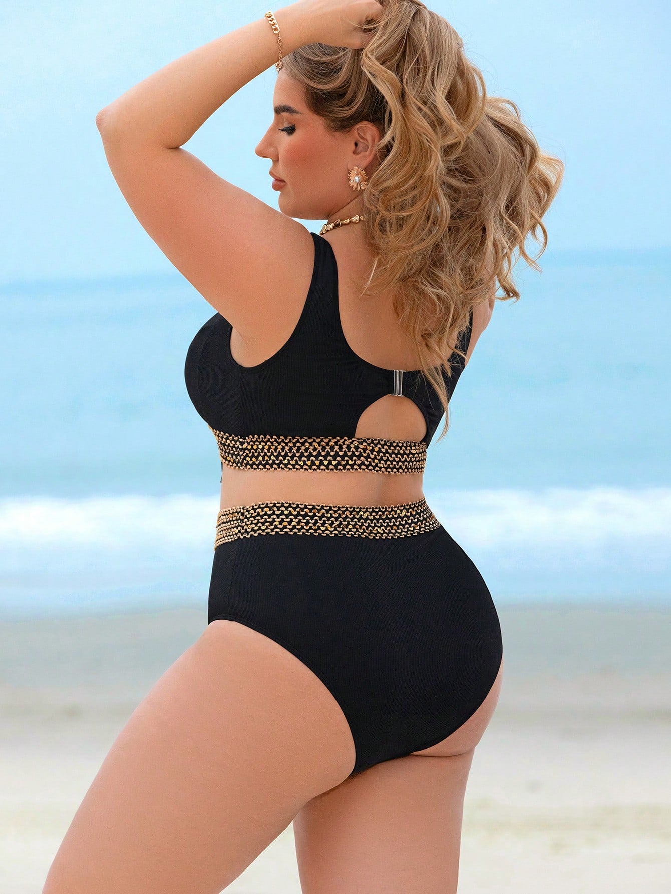 Swim Lushoire 1 Set Plus Size Women Strappy Top & High-Waisted Shorts Swimsuit, Ribbed Fabric, Navel Tie, Elegant Beach Resort Outfit For Summer Beach Vacation