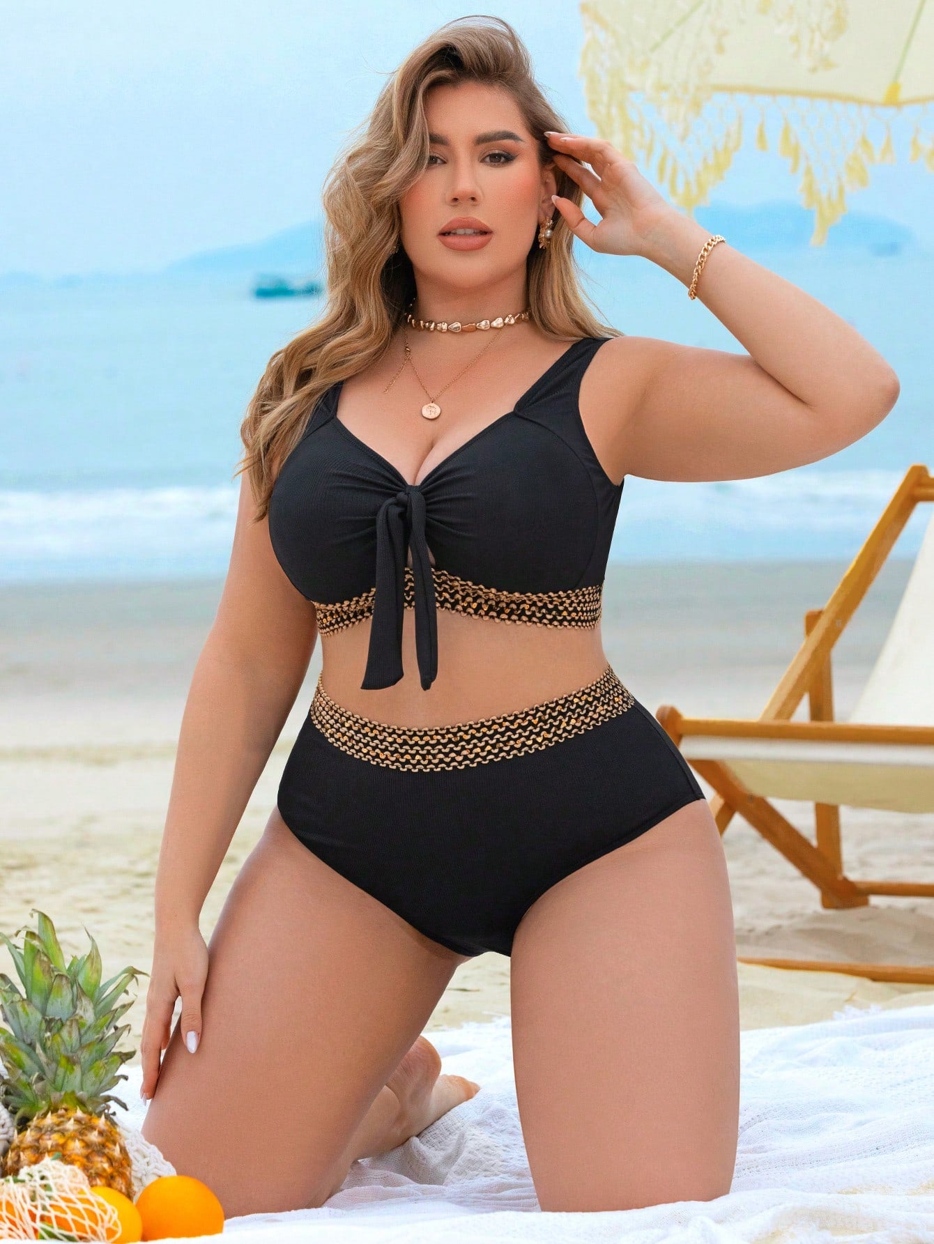 Swim Lushoire 1 Set Plus Size Women Strappy Top & High-Waisted Shorts Swimsuit, Ribbed Fabric, Navel Tie, Elegant Beach Resort Outfit For Summer Beach Vacation