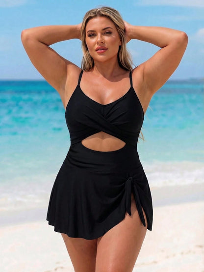 Swim Lushoire 2026 New Spring/Summer Plus Size Women's Vacation Beach Wear Solid Color Cutout Design Spaghetti Strap Swim Dress With Swim Shorts