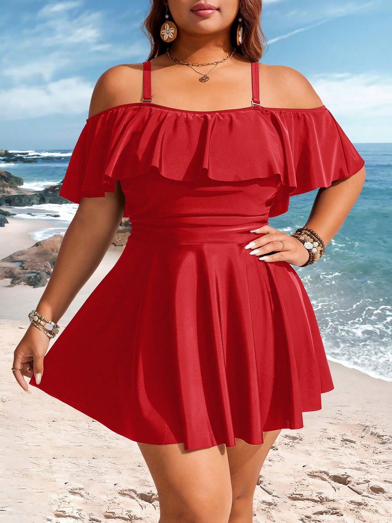 Swim Lushoire 2026 New Summer Beach Vacation Casual Plus Size Swimsuit Skirt, Red