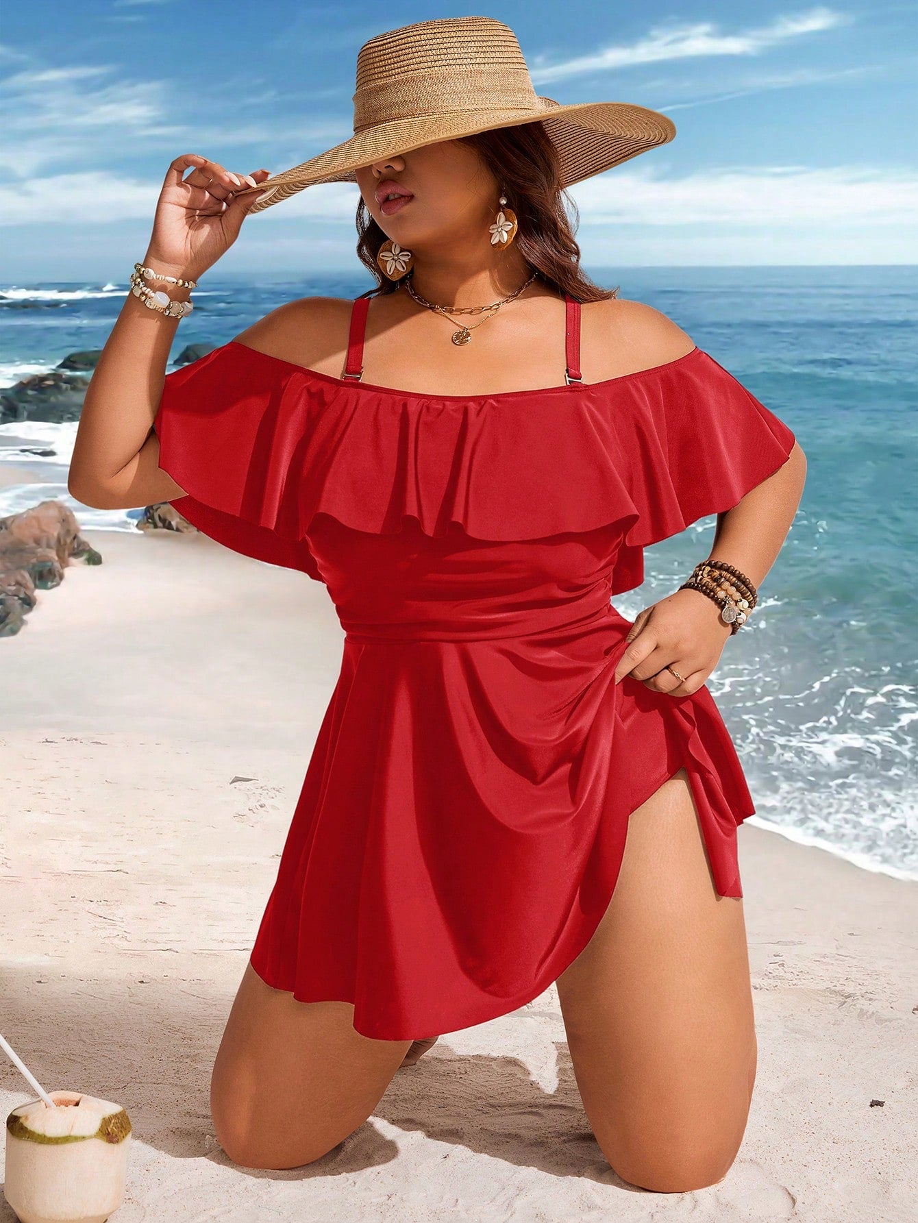 Swim Lushoire 2026 New Summer Beach Vacation Casual Plus Size Swimsuit Skirt, Red
