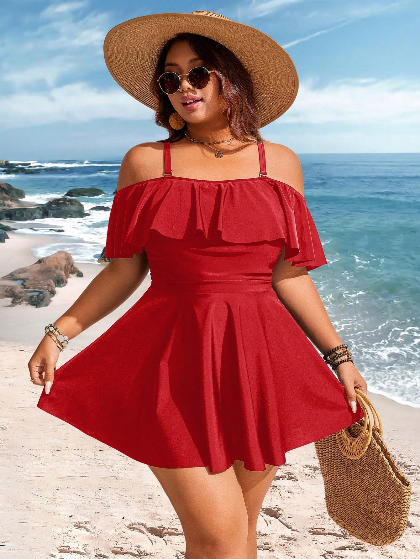 Swim Lushoire 2026 New Summer Beach Vacation Casual Plus Size Swimsuit Skirt, Red