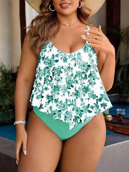 Swim Lushoire 2pcs Plus Size Women Blue And White Porcelain Floral Print Flowy Ruffled Tank Top And High Waist Bikini Set For Summer Beach Holiday Vacation