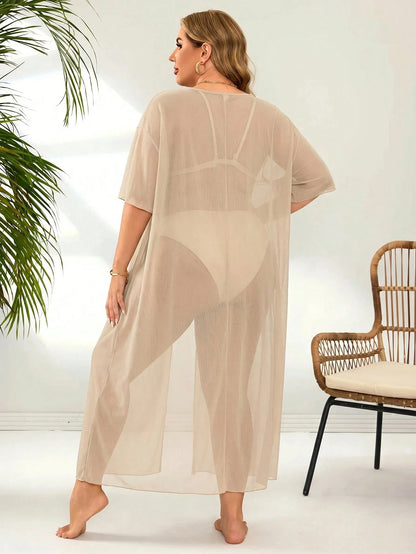 Swim Lushoire Basic Casual Split Plus Size Cover-Up Beach Vacation Beige Summer