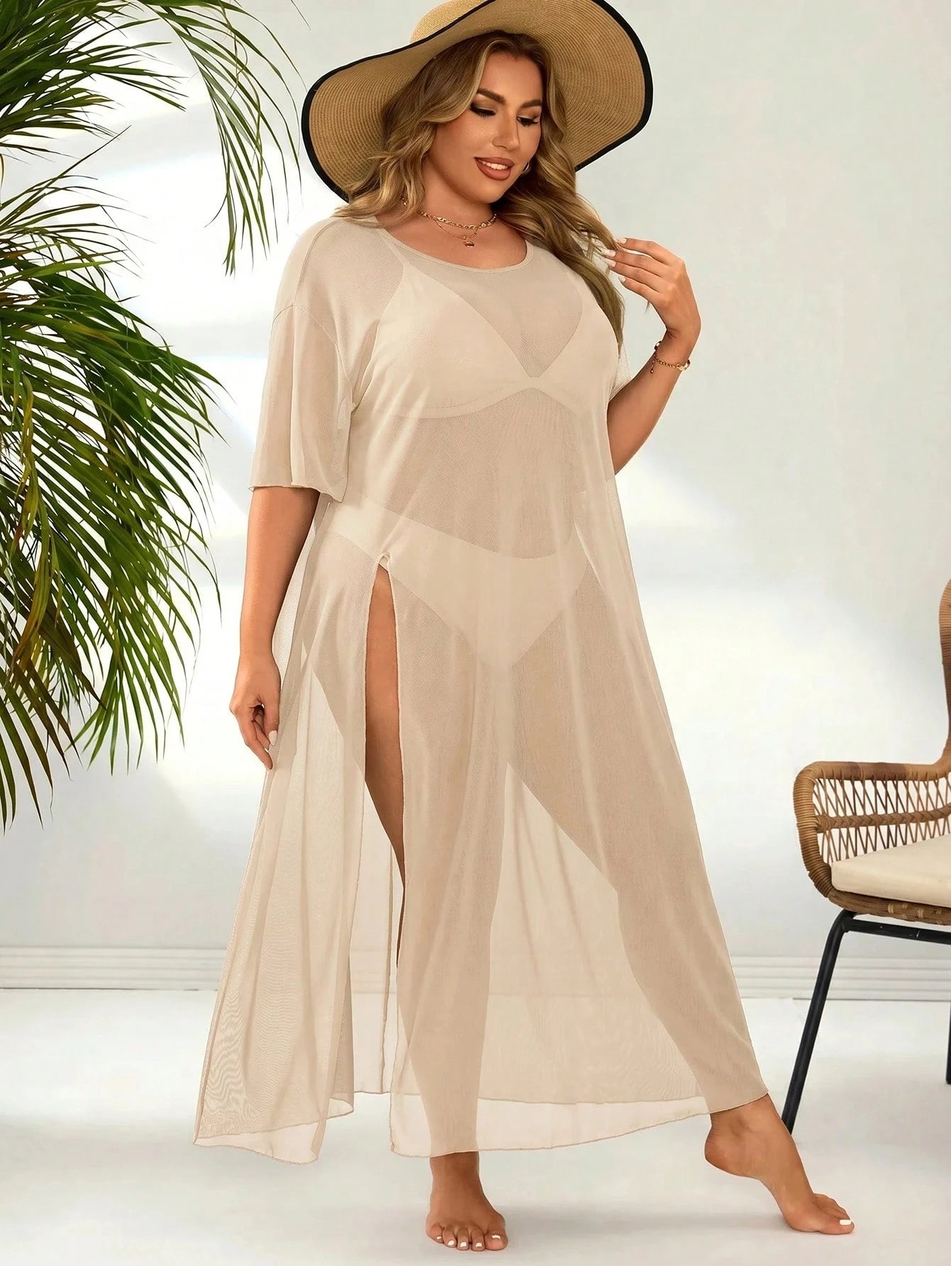 Swim Lushoire Basic Casual Split Plus Size Cover-Up Beach Vacation Beige Summer