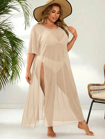 Swim Lushoire Basic Casual Split Plus Size Cover-Up Beach Vacation Beige Summer