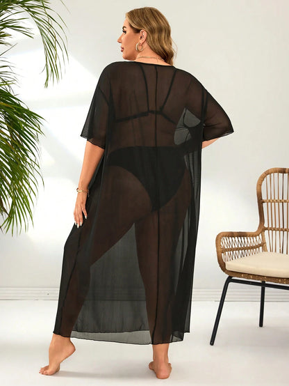 Swim Lushoire Basic Casual Split Plus Size Cover-Up Beach Vacation Beige Summer