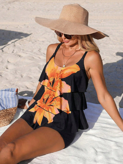 Swim Lushoire Floral Print Layered Beach Tank Top Bikini For Women