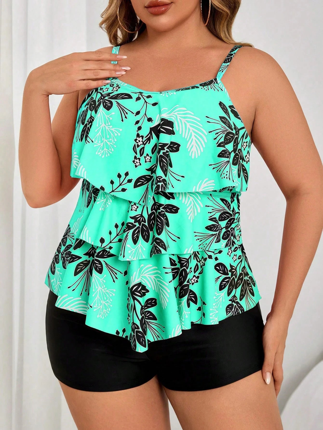 Swim Lushoire Plus Size 2pcs Set, Loose Floral Print Crop Top & Random Plant Pattern High Waist Shorts Bikini Swimsuit Set For Women For Summer Beach Vacation