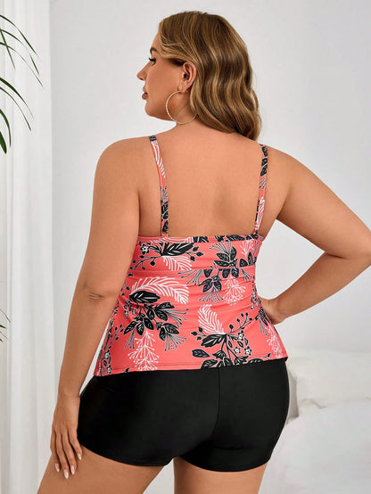 Swim Lushoire Plus Size 2pcs Set, Loose Floral Print Crop Top & Random Plant Pattern High Waist Shorts Bikini Swimsuit Set For Women For Summer Beach Vacation