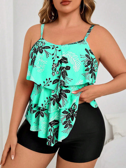 Swim Lushoire Plus Size 2pcs Set, Loose Floral Print Crop Top & Random Plant Pattern High Waist Shorts Bikini Swimsuit Set For Women For Summer Beach Vacation
