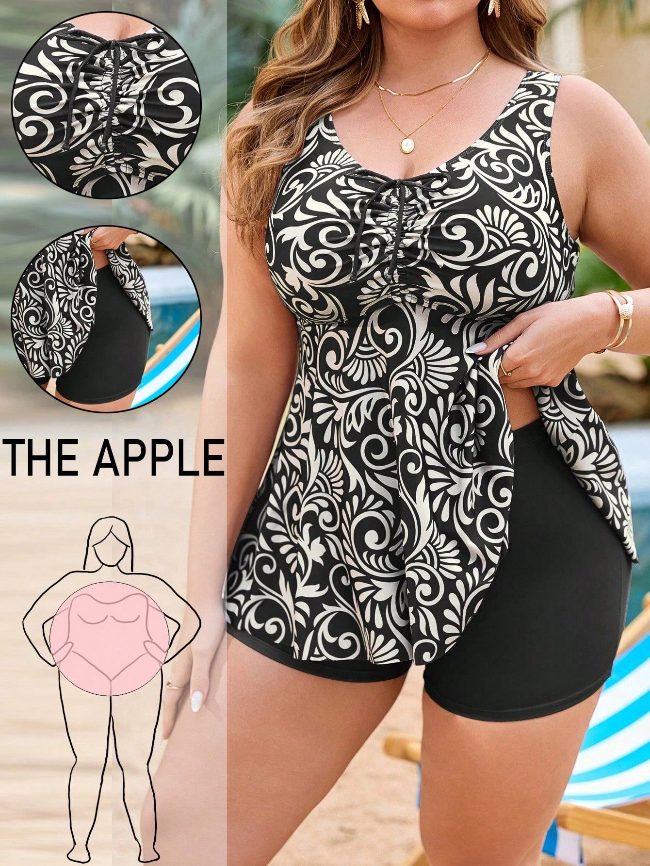 Swim Lushoire Plus Size 2Pcs Women Random Print Front Drawstring Slimming Effect Minimalist Design Tankini Set For Vacation & Summer Beach
