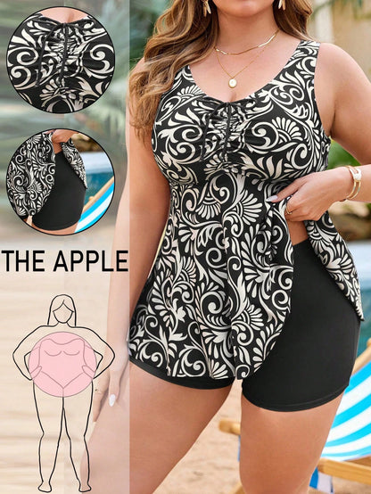 Swim Lushoire Plus Size 2Pcs Women Random Print Front Drawstring Slimming Effect Minimalist Design Tankini Set For Vacation & Summer Beach