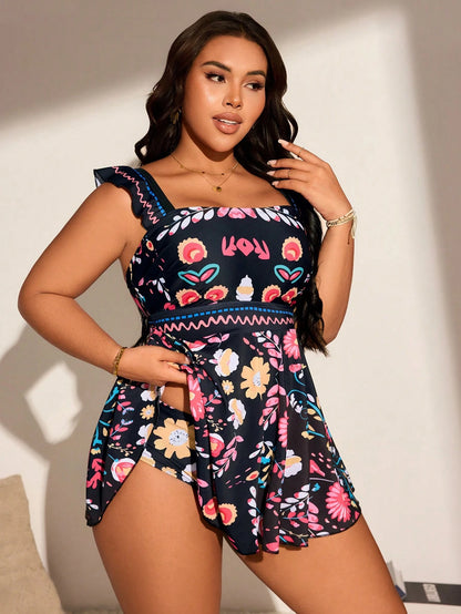 Swim Lushoire Plus Size Elegant Resort Print Tankini Top Bikini For Summer Beach Vacation