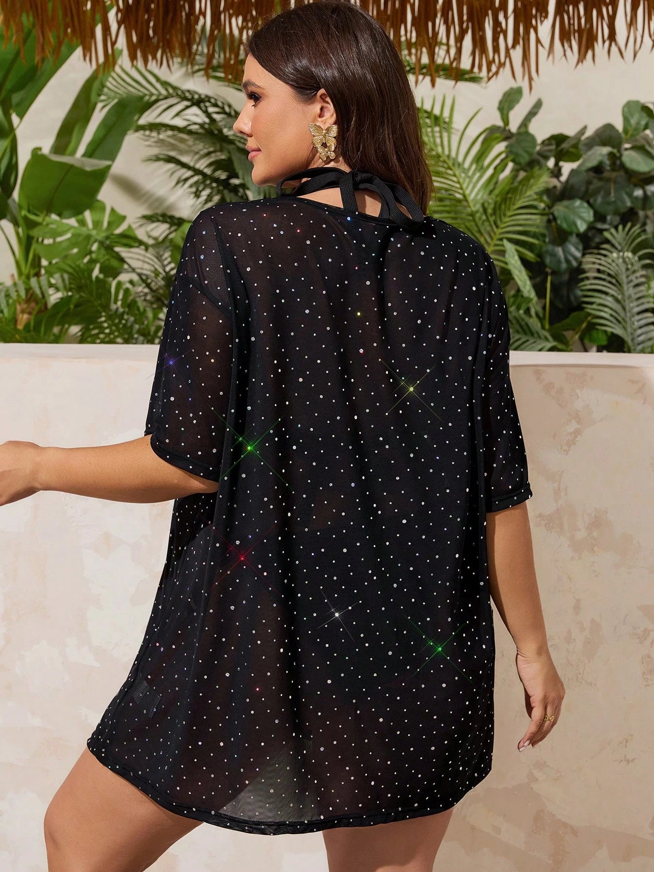 Swim Lushoire Plus Size Rhinestone Decorated Casual Beach Cover Up For Summer Beach Vacation
