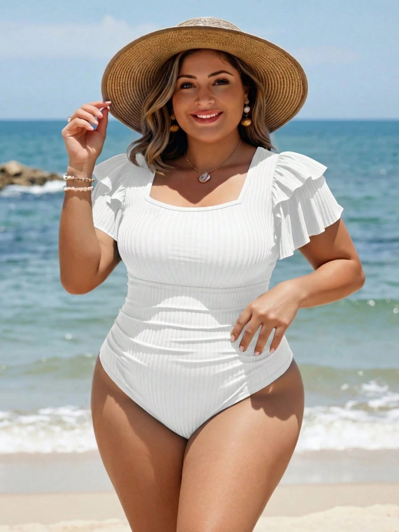 Swim Lushoire Plus Size Ruffled Puff Sleeve One-Piece Swimsuit