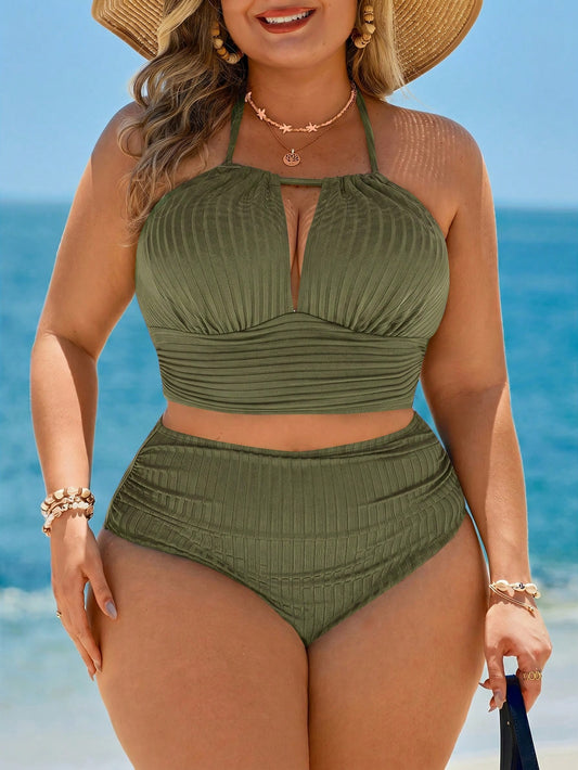 Swim Lushoire Plus Size Solid Color Spaghetti Strap Halter Neck Bikini Set Set