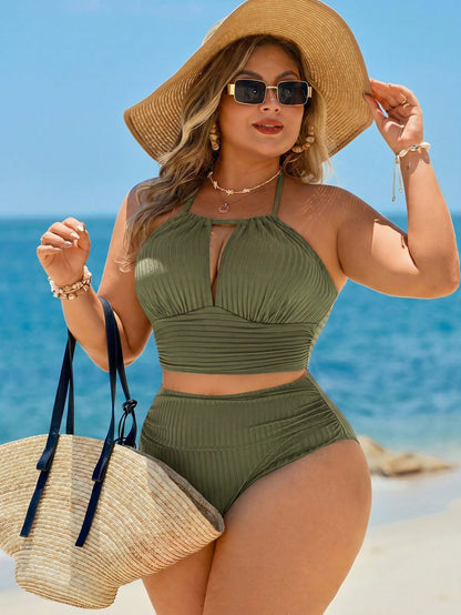 Swim Lushoire Plus Size Solid Color Spaghetti Strap Halter Neck Bikini Set Set