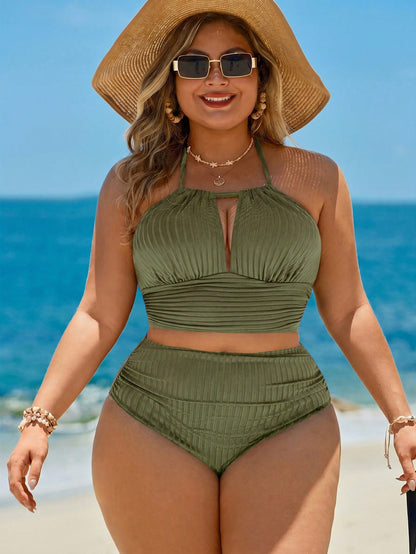 Swim Lushoire Plus Size Solid Color Spaghetti Strap Halter Neck Bikini Set Set