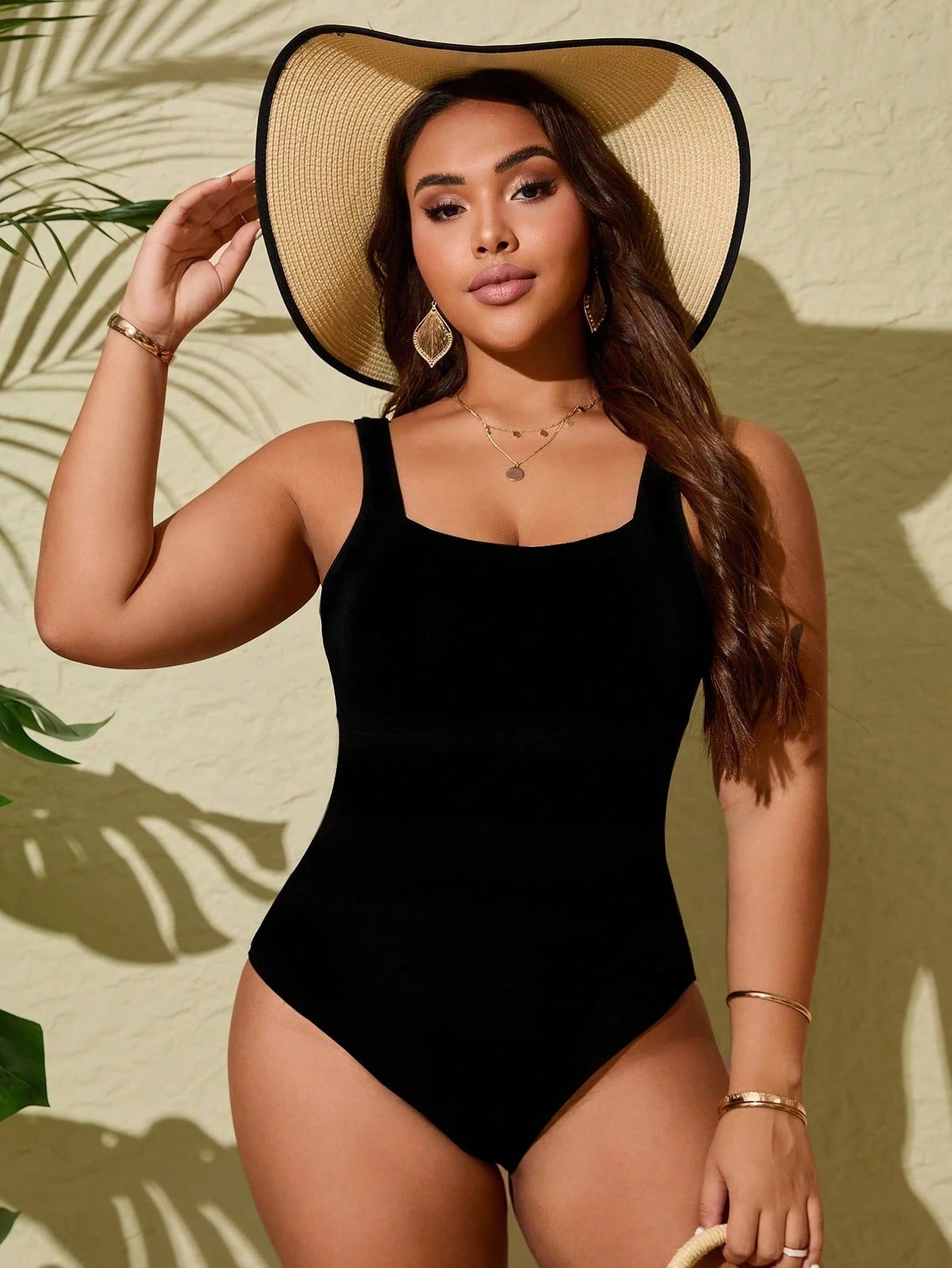 Swim Lushoire Plus Size Solid Color Square Neck One-Piece Swimsuit, Suitable For Beach And Summer Vacation