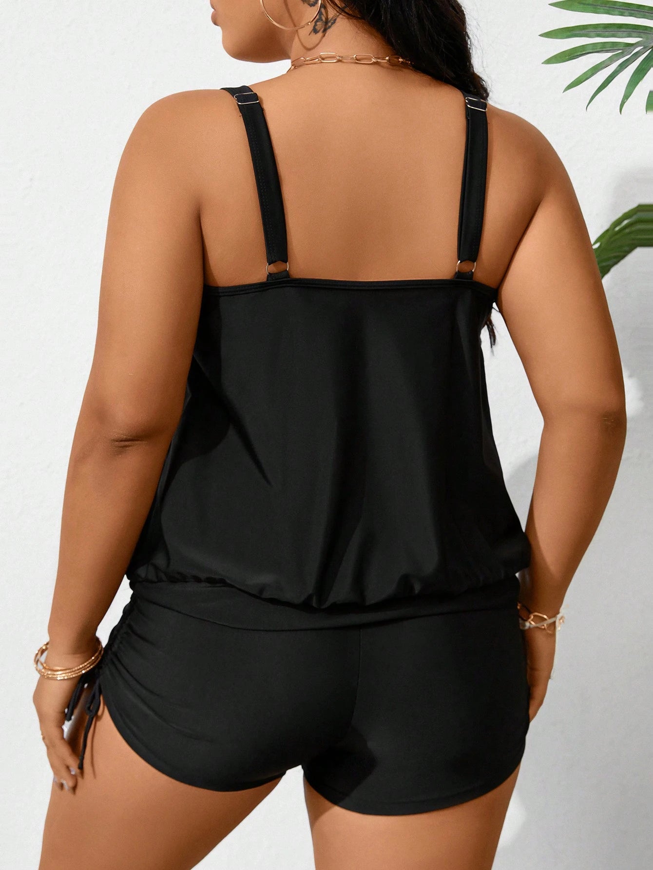 Swim Lushoire Plus Size Summer Beach Simple Solid Sleeveless Ruched Tankini Set