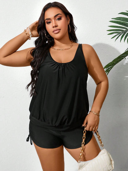 Swim Lushoire Plus Size Summer Beach Simple Solid Sleeveless Ruched Tankini Set
