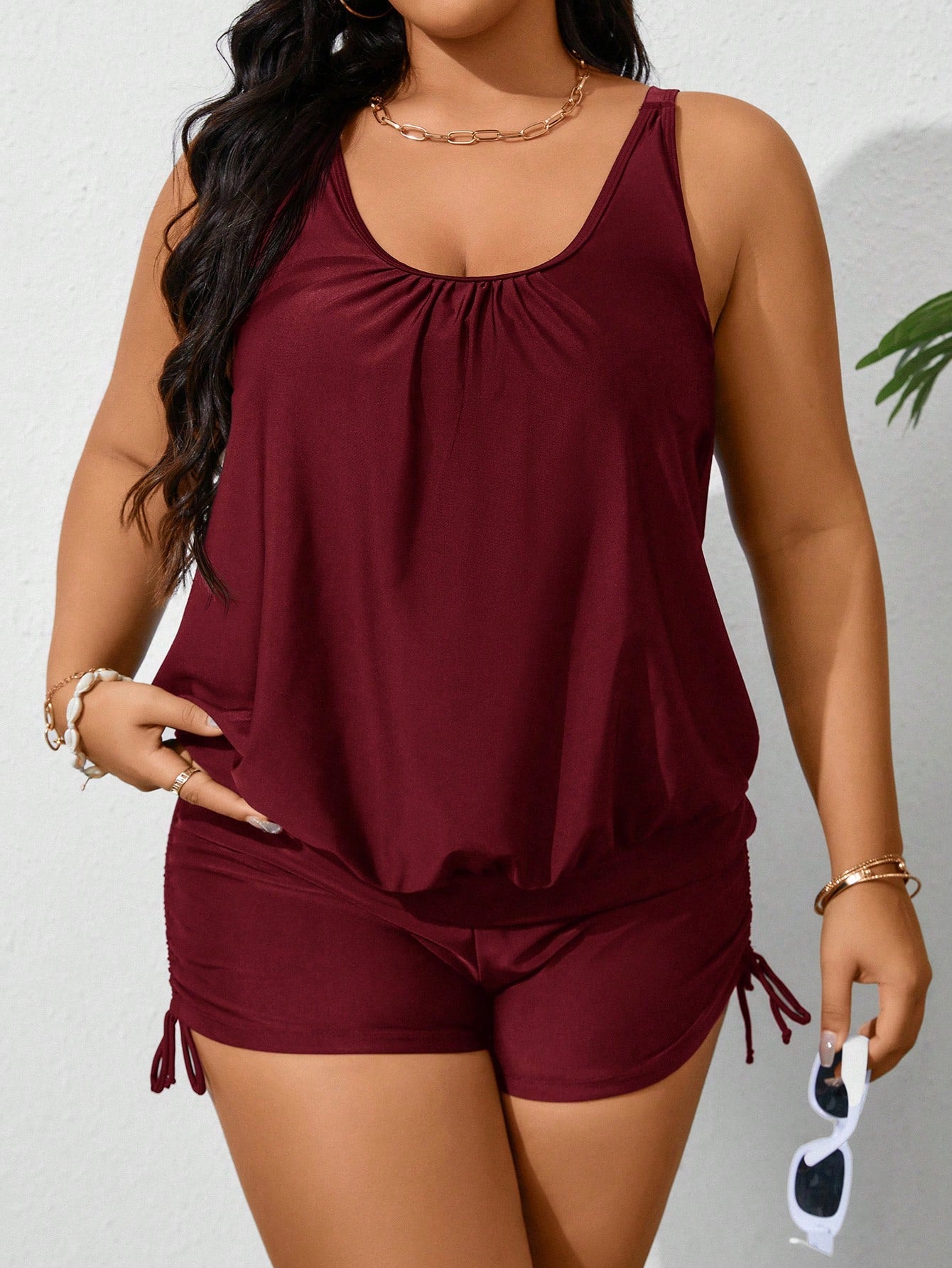 Swim Lushoire Plus Size Summer Beach Simple Solid Sleeveless Ruched Tankini Set