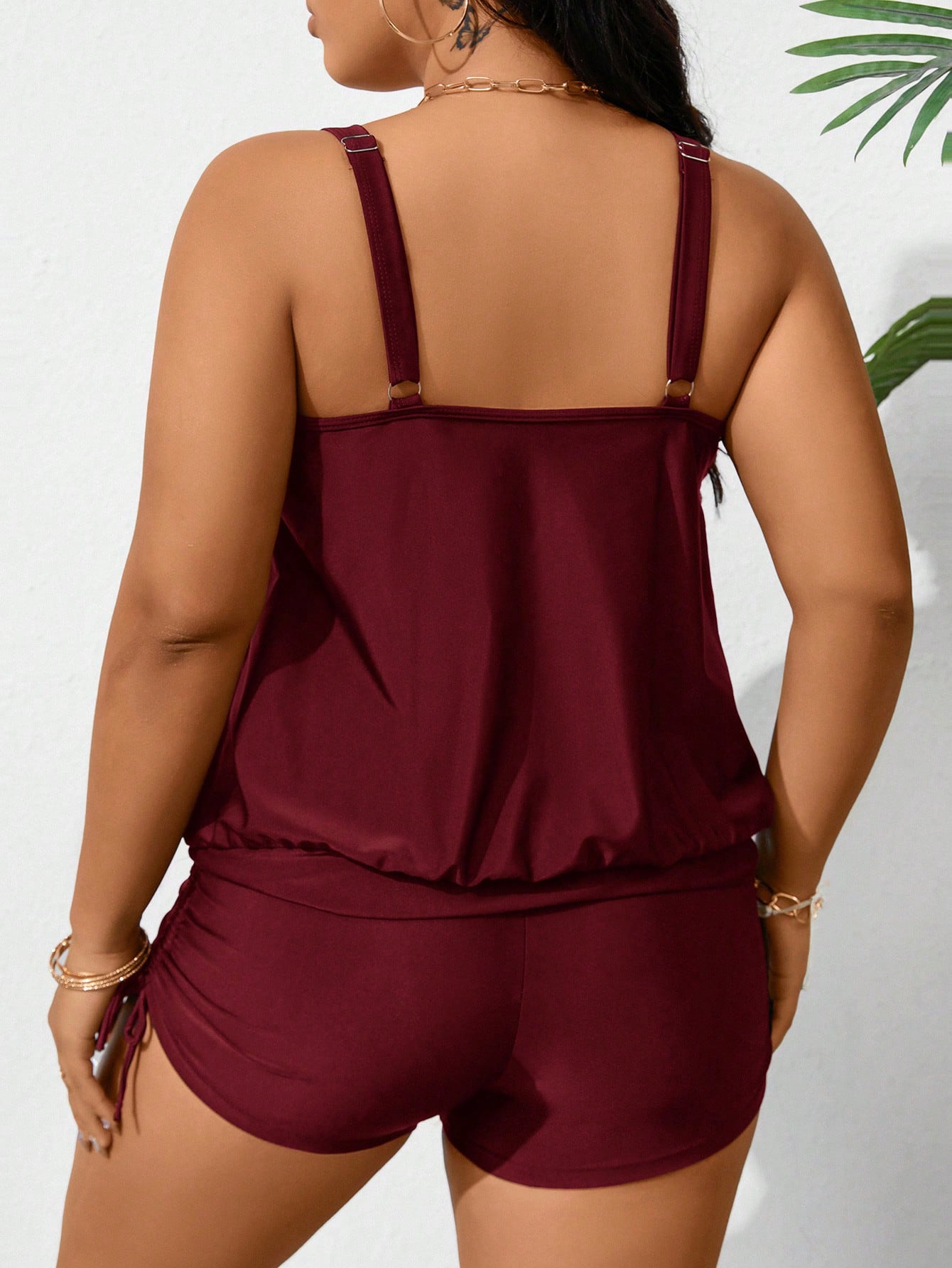 Swim Lushoire Plus Size Summer Beach Simple Solid Sleeveless Ruched Tankini Set