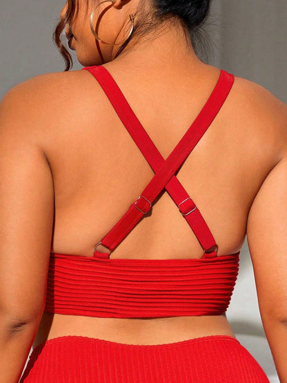 Swim Lushoire Plus Size Summer Vacation Beach Textured Criss-Cross Back Swimwear Top