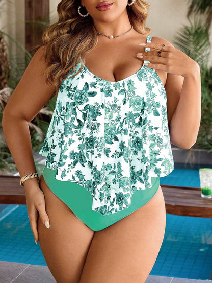 Swim Lushoire Plus Size Two-Piece Set Blue&White Porcelain Print Ruffled Tankini,Women's Ruched High Waist Briefs,Summer,Bachelorette Party,Beach,Holiday,Holiday