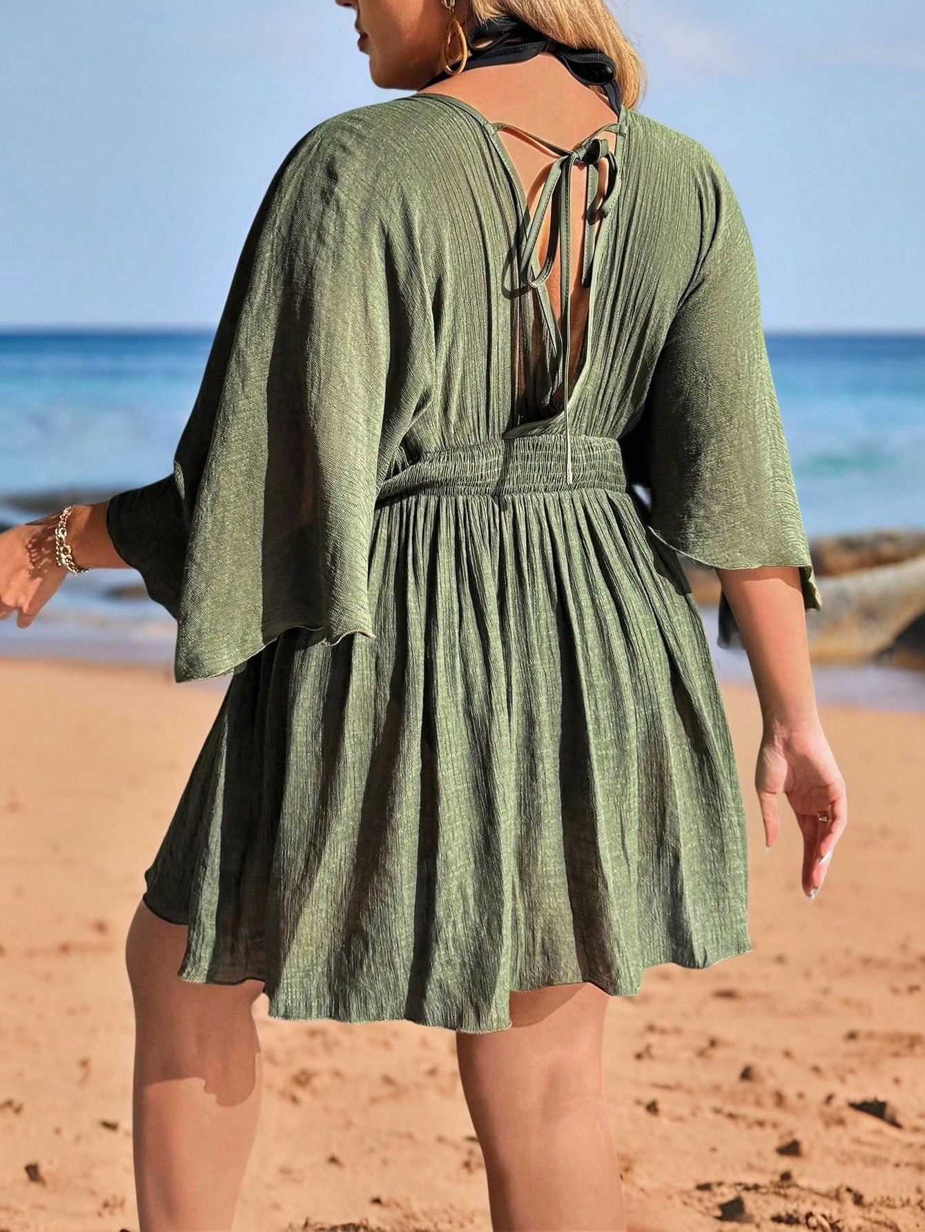 Swim Lushoire Plus Size V-Neck Batwing Sleeve Pleated Waist Chiffon Cover Up- Elegant And Graceful Summer