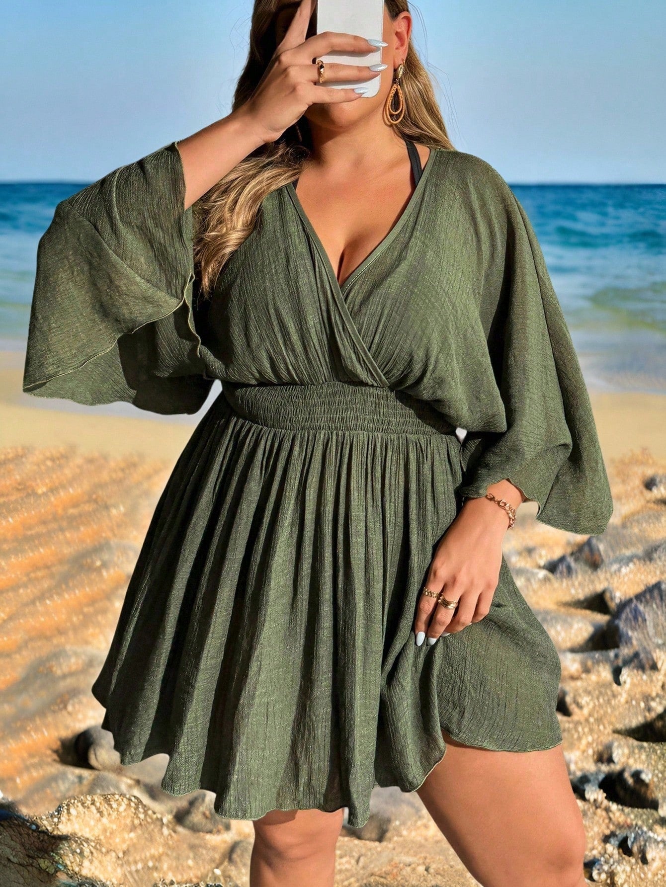 Swim Lushoire Plus Size V-Neck Batwing Sleeve Pleated Waist Chiffon Cover Up- Elegant And Graceful Summer
