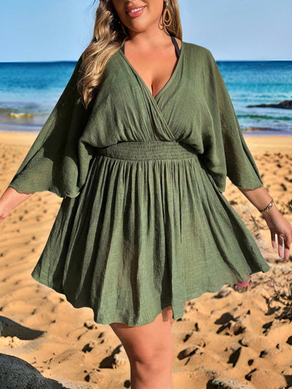 Swim Lushoire Plus Size V-Neck Batwing Sleeve Pleated Waist Chiffon Cover Up- Elegant And Graceful Summer