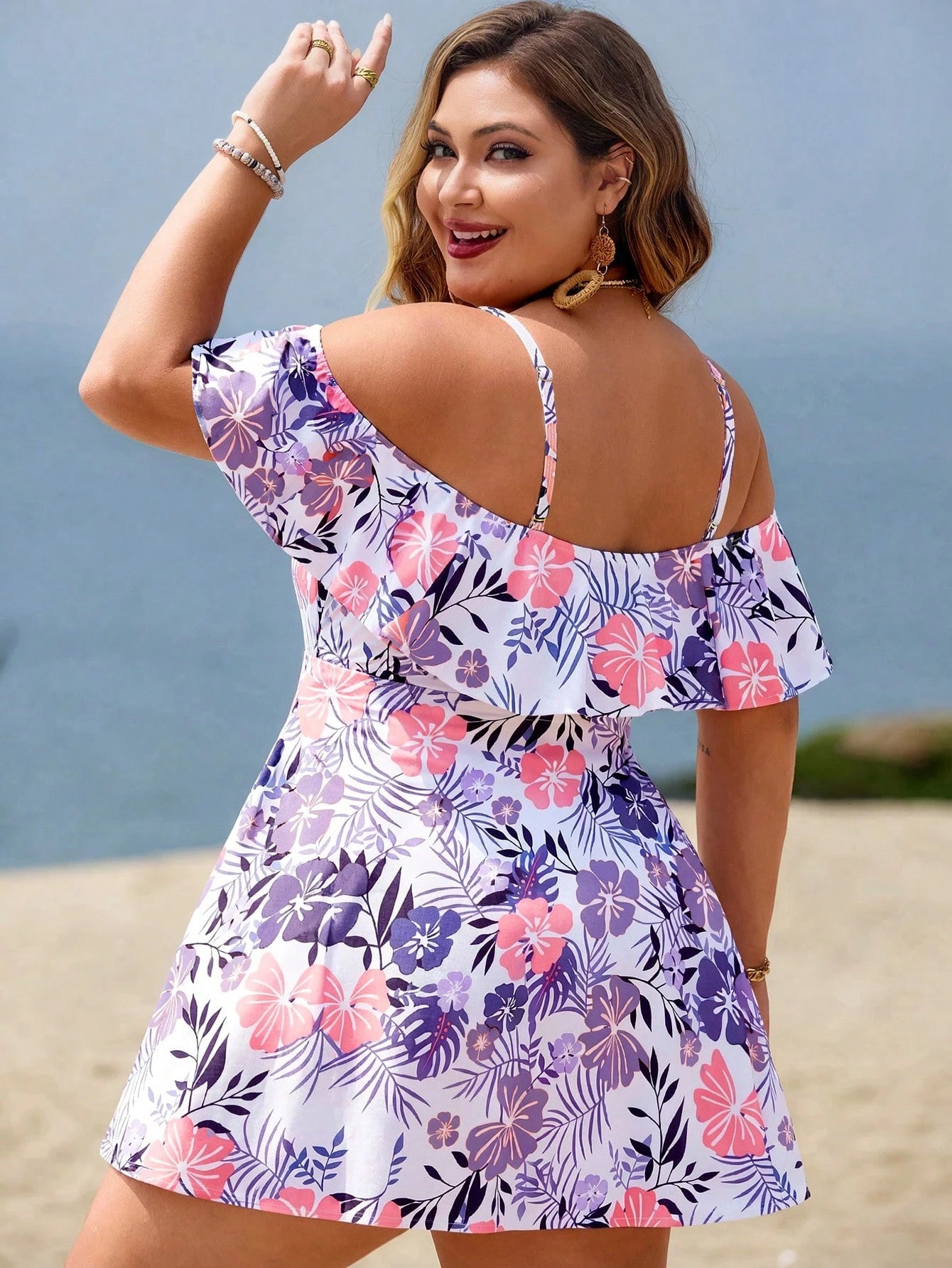 Swim Lushoire Plus Size Women 2pcs Casual Fashion Holiday Random Print Spaghetti Strap Ruffle Off-Shoulder Waist A-Line Split Swimsuit Dress