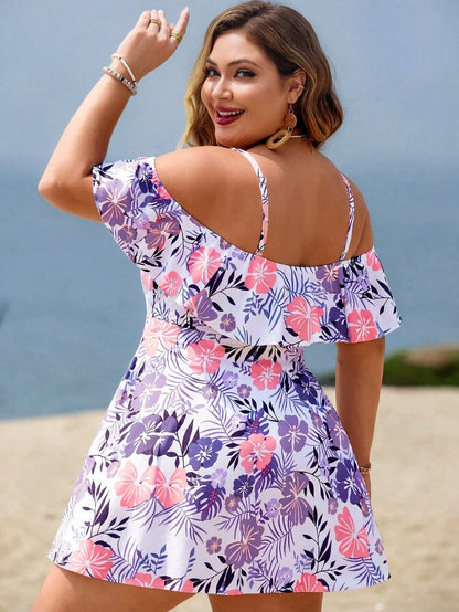 Swim Lushoire Plus Size Women 2pcs Casual Fashion Holiday Random Print Spaghetti Strap Ruffle Off-Shoulder Waist A-Line Split Swimsuit Dress
